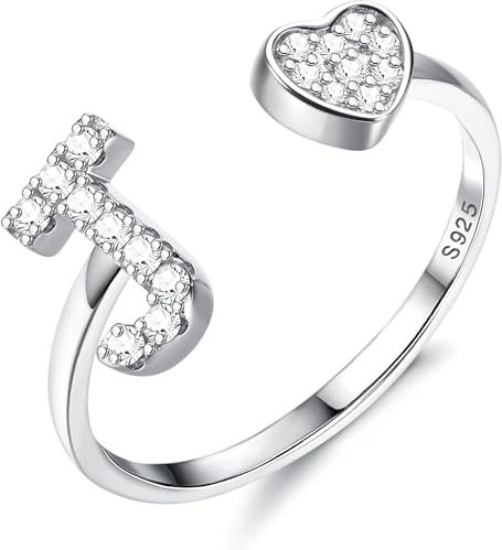 Diamday S925 Sterling Silber Verstellbarer Buchstabe Ring für Damen Mädchen - Herz Stapelbare Offener Initiale Alphabet A-W Personalisierter Ring Mit Großbuchstaben Initialen Schmuck Geschenke