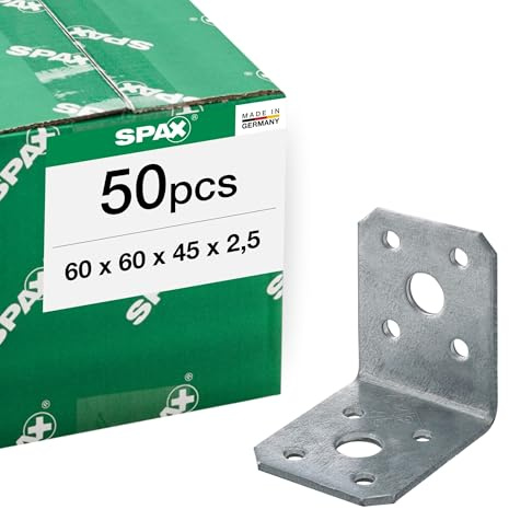 SPAX Winkelverbinder 60x60x45 mm, 2,5 mm dick, 50 St. - Holzbauverbinder | Eckverbinder aus feuerverzinktem Stahl für Holz, Beton und Stahl, 2,5 mm Blechstärke mit 14 Löchern für Rillennägel
