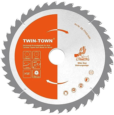 TWIN-TOWN Lame de scie circulaire Ø 216x 30 mm pour bois (Ø 216 x 30 x 1,2 mm, 40dents, accessoire de scie circulaire) - Dents en carbure - Convient pour bois tendre et dur