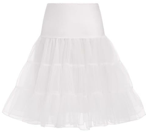IMEKIS Women 1950s Retro Petticoats Rockabilly Tutu Skirt with Ruffle Hem Elastic Waist Knee Length Crinoline Underskirt Half Slips Wedding Bridesmaid Dress White L