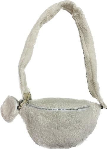 J26 XL Teddyfell Gürteltasche Crossbody Bauchtasche Umhängetasche Kuschelisch Gurt (Weiß)