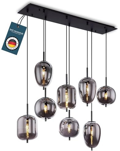 bmf-versand® Rauchglas Hängelampe Esstisch 8-Flammig aus Glas - Moderne Pendelleuchte Schwarz als Wohnzimmerlampe Schlafzimmerlampe hängend - Hängeleuchte Deckenleuchte Flur Esszimmerlampe