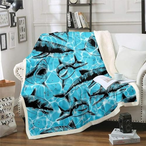 Kuscheldecke 220x240 Hai Blau Kuscheldecke mit Muster Weiche Warme Microfaser Decke Erwachsene Wohndecke fÜr TV Sofa Couch Bett Blanket Tagesdecke