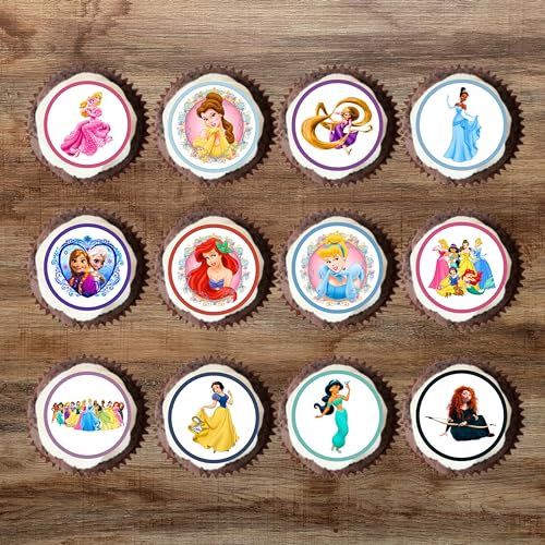 PRECUT Princess Cupcake Toppers, Princess Theme Edible Cake Topper, Princess-Party Decorations, Magical Birthday Girl Gifts (Pack of 48-3cm Discs)