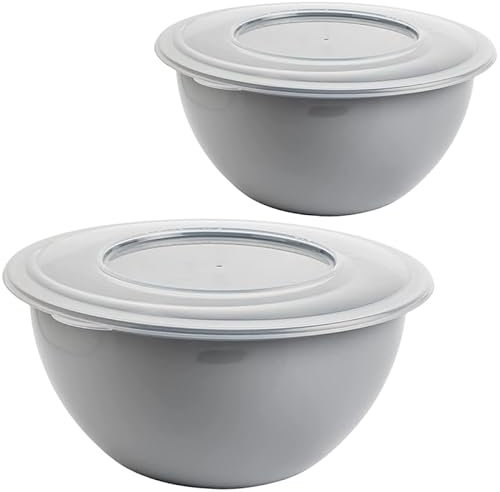 SUSTANIA 2x Schüssel mit Deckel 5l, Rührschüssel Set, Salatschüssel mit Deckel, Schüssel Set, Plastikschüssel BPA-frei, hell grau Schüsseln, Rührschüssel mit Deckel, Ø 28 cm, Model Leya, Made in EU