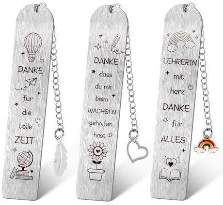 WEDNOK 3 Stück Lehrerin Edelstahl Lesezeichen Dankeschön Lesezeichen mit Herz Anhänger Danke Abschiedsgeschenk Erzieherin Abschied Geschenk für Lehrer von Student Geburtstag Abschluss Weihnachten
