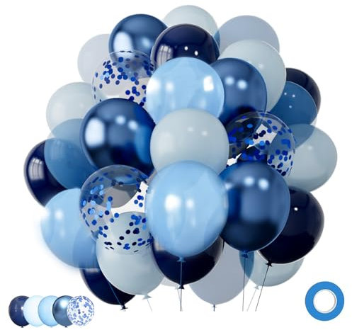 Luftballons Blau 60 Stück 12 zoll (30 cm) - Navy, Babyblau, Hellblau & Metallic-Chrom mit Konfetti – Perfekt für Jungengeburtstag, Babyshower, Hochzeit, Jugendweihe & Partydeko