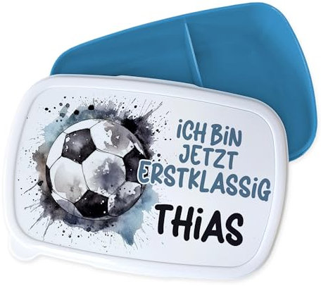 GRAZDesign Personalisierte Brotdose Fußball für Jungen, Zur Einschulung, Jausenbox Brotbox Schule - blau