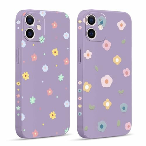 Pnakqil 2 stück Handyhülle für Apple iPhone 12 Mini 5,4, Blumen Hülle lustiges Funny Hülle Süßes Bemaltes Muster Aesthetic Design Schutzhülle Silikon Slim Stoßfest Kratzfest Case, 14