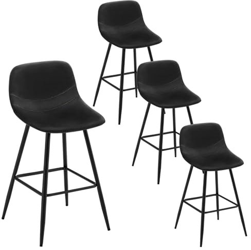 EUGAD Tabouret Bar, Lot de 4, Chaise Haute Cuisine, en Velours, Siège Rembourré, avec Dossier et Repose-Pieds, Pieds en Métal, Noir, 1087BY-4