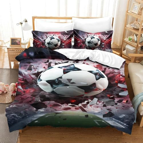 quiltcover Fußball 3D Gedruckt Bettwäsche Set 3 Teilig Bettbezug Set Mit Kissenbezug Soft Microfaser Luxus Modern Mit Reißverschluss Für Erwachsene Und Kinder Single(140x200cm)