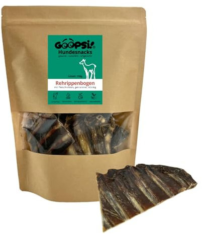 GOOPSI Rehrippen Hund getrocknet 300g, gestückelt - Natur Kauartikel Hund unbehandelt mit Fleischresten - Kauspaß für Hunde - aus Deutschland