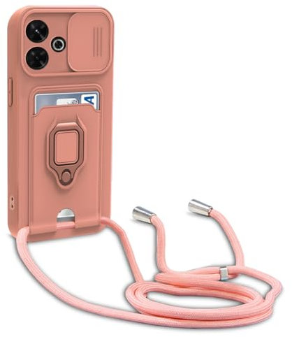 yanasuo Protección de Cámara Funda Compatible con Xiaomi Redmi 13 4G, con Anillo Soporte, Ajustable Collar Correa de Cuello Cordón Carcasa de Silicona-Pink