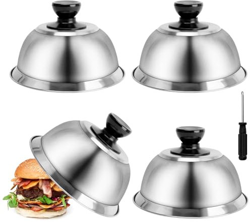 Ticeed Campana para Hamburguesas Set 4 Campanas para Hamburguesas con 4 asa para Queso o Hamburguesas Tapa para derretir Queso de Acero Inoxidable para Plancha barbacoas(16.2 * 16.2 * 6.5cm)