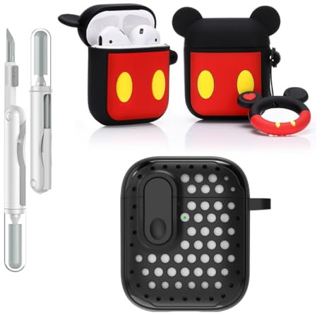 LEWOTE Custodia protettiva 3 in 1 compatibile con Apple AirPods (2a/1a generazione) con kit di pulizia e portachiavi (Topolino)
