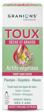 GRANIONS SIROP TOUX - 4 en 1 - Sans Sucres - Sirop Toux Seche et Grasse - Formule naturelle sans contre-indications - Extrait de Plantain - Dispositif médical - Dès 3 ans | Goût Fraise-Citron - 120 mL