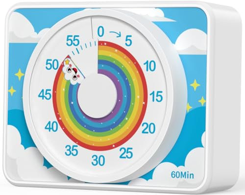 VOCOO Timer Visuel pour Enfants-Joli Motif Arc-en-Ciel Compte à Rebours de 60 Minutes pour Classe Bureau Cuisine et Cuisson Aimant Puissant Outil de Gestion du Temps Silencieux 2*AAA Incluses (Blanc)