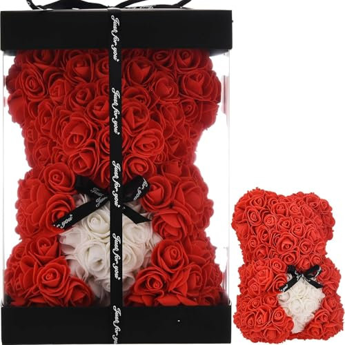 Rose Teddy Bear Gift – Perfect for Mum, Women, Girlfriend – Mother’s Day, Birthday, Anniversary – Artificial Red Roses, Unique Flower Gift for Her