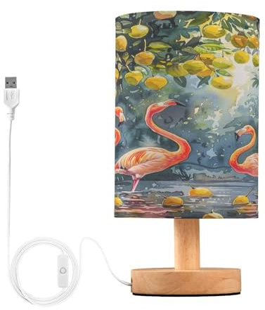 SKYSHU Lampe de chevet flamant rose, petite lampe de bureau LED USB avec base en bois antidérapante et abat-jour agréable pour les yeux pour salon, chambre à coucher, dortoir, maison, bureau