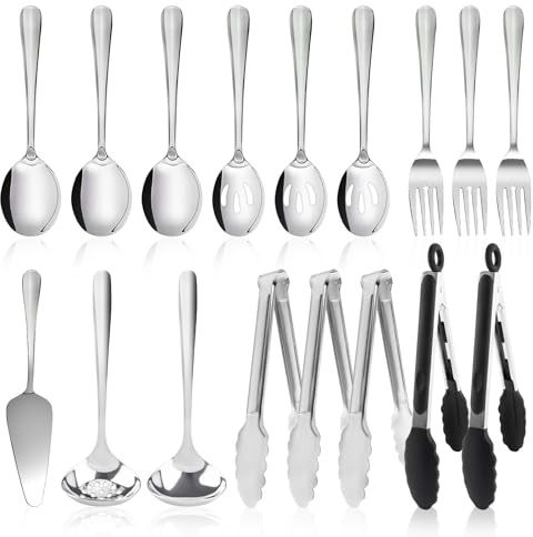 17PCS Serving Utensils Set Flatware, Stainless Steel Serveware Large Serving Spoons, Slotted Spoons, Forks, Tongs, Cake Server,Soup and Skimmer Spoon for Buffet, Catering, Party, Dinner (Silver)