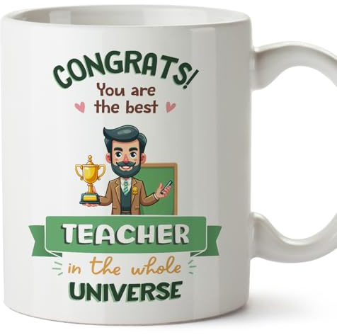 MUGFFINS Teacher Man Mug - in English - Best in Universe Trophy - Funny Gift for Colleagues - Ceramic 11oz Mug