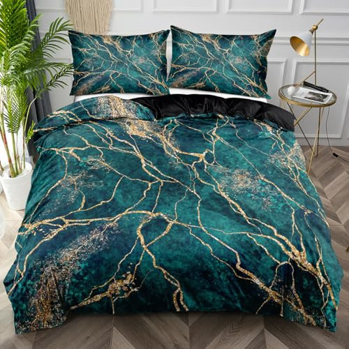 Luowei Marmor Bettwäsche 200x200cm 3D Golden Grün Muster Bettwäsche Set Microfaser Luxus Modern Bettbezug und 2 Kissenbezüge 80×80cm mit Reißverschluss