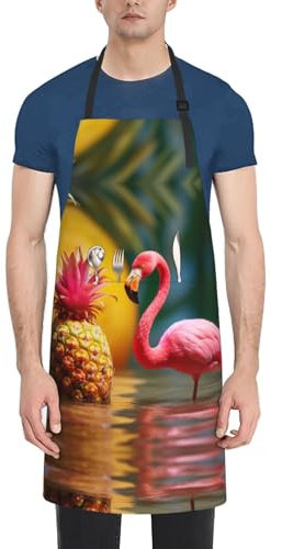 Delantal de bolsillo de tela Oxford, diseño de piñas y flamencos rojos, para cocina, pintura, barbacoa, etc, Negro -, talla única