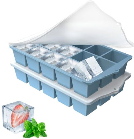 YUNISS Cubiteras para Hielo Grande con Tapa, 2 Piezas Cubitera Hielo Silicona Libre de BPA, Molde para Cubitos Apilables y Que Ahorran Espacio, Ice Cube Tray para Cócteles, Whisky, Vino -Azul