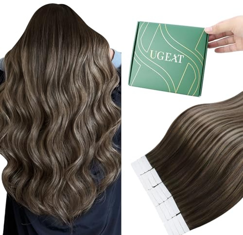Ugeat Tape Extensions Echthaar 60 cm Balayage Aschblond Langes Haar Haarverlängerung Echthaar Tape Extensions Ombre Dunkelbraun Seidig 20s 50g #4/18/4