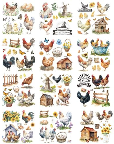 GOMAKERER 12 Sheets 12 Styles Rub on Transfers, Waterproof Rub on Transfers Rustic Style Roosters Themed Cup Wraps Decal for Glass Cups DIY Crafts Furniture Decorations, 14x14cm