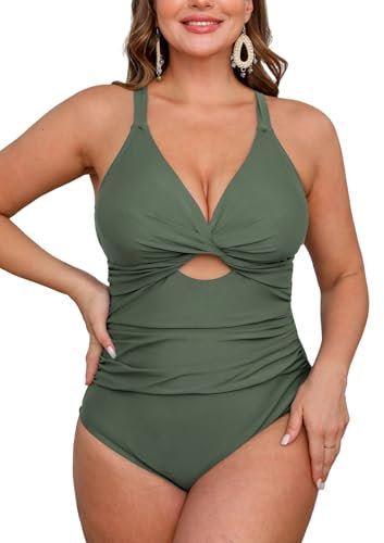 CUPSHE Maillot de bain une pièce pour femme - Grande taille - Col en V - Cache-cœur croisé sur le devant - Crisscross dans le dos - Maillots de bain froncés et découpés, Vert eucalyptus, 3XL plus