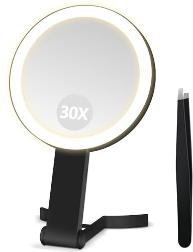 B Beauty Planet Makeup Mirror with Light, Double Sided 30X/1X Hand Mirror with Handle, Portable for Shower Shaving, 3 Color Lights and Adjustable Brightness, Travel Accessories for Women (Black)