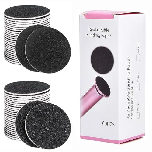 PUGTOW Lot de 60 disques de recharge de papier abrasif remplaçables grain 80 + grain 120 pour lime électrique à pied pour enlever les callosités, outil de pédicure pour enlever les peaux mortes dures