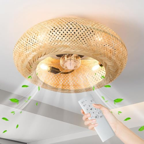 Ventilateur De Plafond Boho, Plafonnier LED En Rotin Avec Télécommande, 6 Vitesses De Vent Réglables, Lampe Bohème Encastrée Près Du Plafond, Pour Chambre à Coucher Salon Chambre D'enfant Crèche