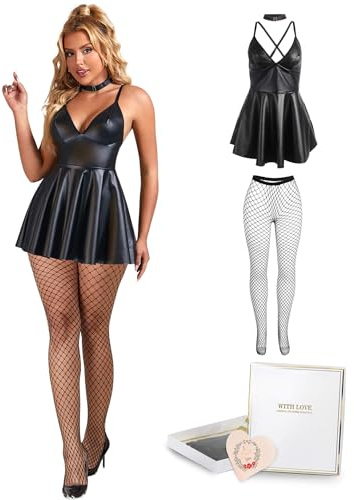 ohyeahlady Vestido Mujer Sexy Cuero PU Minivestido Corto Talla Grande S-4XL | Lencería Sexy Mujer,Cuello V,Lingerie para Regordeta Curvy,Vestido Corto de Fiesta,Babydoll,Clubwear Nocturno,Vestido Coctel
