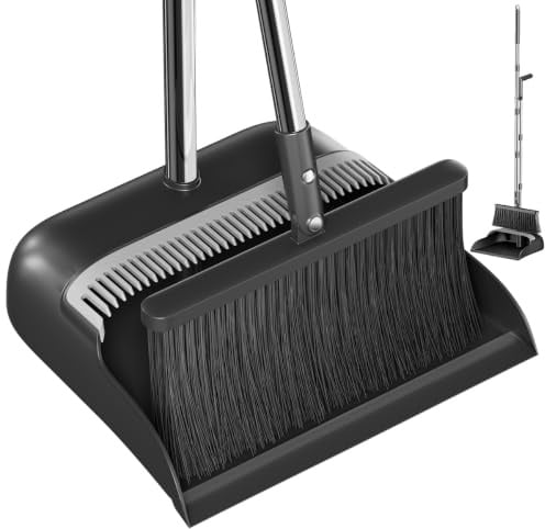 CTIME Besen und Kehrschaufel Set, 132cm Verstellbarem Langem Stiel Schwarz | 180° Drehbarer Besenkopf, Kehrgarnitur für Haushalt Küche Büro Bodenreinigung, Tierhaare Entfernen