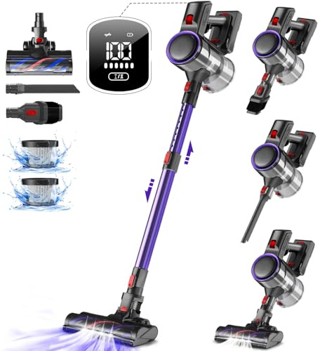 Authmic Akku Staubsauger Kabellos, 50000Pa Kabelloser Staubsauger mit Touchscreen, 50Mins, 1.6L, H13 HEPA, Anti-Tangle-Bürste, für Hartböden/Teppich/Tierhaare, Dunkellila