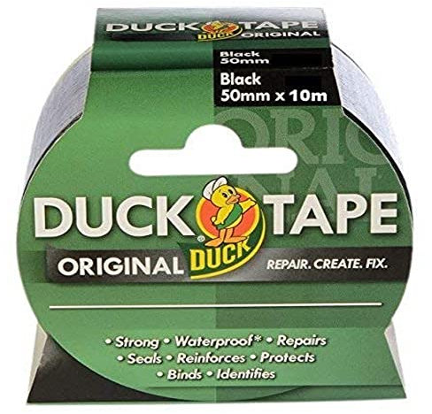 Duck Tape Original Black, 50mm x 10m. The original high strength waterproof gaffer and duct adhesive cloth repair tape