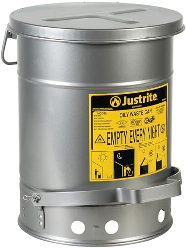 Justrite SoundGuard Steel Oily Waste Bin with Foot-Operated Lid, 20 Litre, Silver