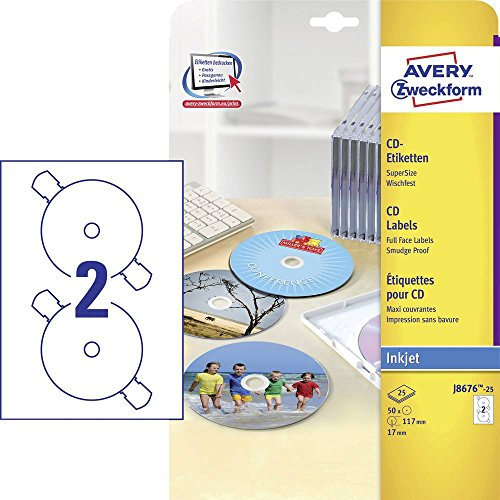 AVERY Zweckform J8676-25 selbstklebende CD-Etiketten (50 blickdichte CD-Aufkleber, Ø 117mm auf A4, SuperSize, Papier matt, bedruckbare Klebeetiketten für alle Inkjet-Drucker) 25 Blatt, weiß