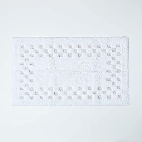 HOMESCAPES Check Border Bathmat Rug, White, Soft 100% Cotton 1200 GSM, Washable At Home, Non Slip Spray Backing.