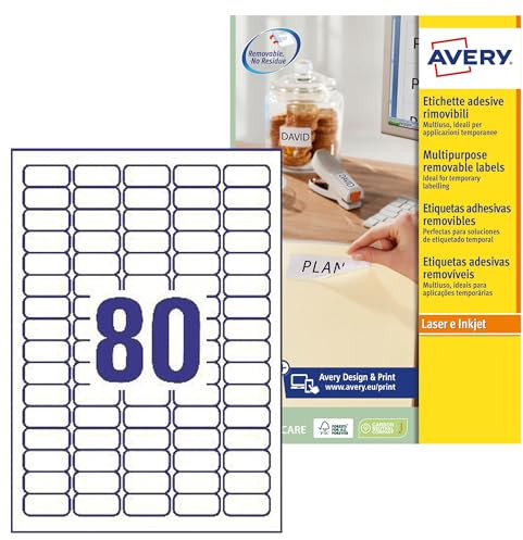 Avery España L4732REV-25 Etiquetas adhesivas papel blanco adhesivo removible sin residuos, 25 hojas A4, rectangulares 35,6x16,9mm, 80 etiquetas por hoja, adhesivo removible, impresora láser/inkjet
