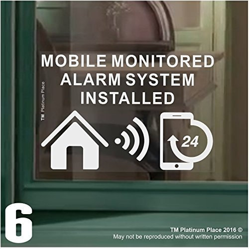 Platinum Place 6 x MOBILE Monitored Alarm System Installed Home Business Stickers Internal Window Signs 24hr Security Warning House Flat Property Self Adhesive Vinyl 140x80mm White on Clear
