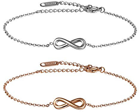 Cupimatch Infinity Armband Damen Set 2pcs Unendlichkeit Edelstahl Armkette Armreif Geburtstagsgeschenk für Damen Mädchen 17+5cm, Silber Rosegold