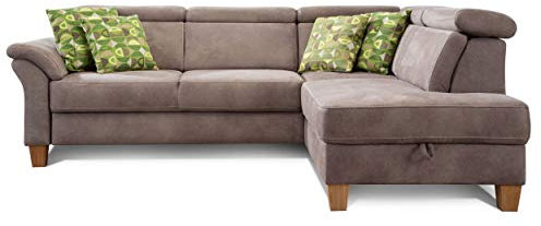 Cavadore Schlafsofa Ammerland mit Ottomane rechts / Federkern-Sofa im Landhausstil mit verstellbaren Kopfstützen, Bett und Bettkasten / 245 x 84 x 194 / Lederoptik hellbraun