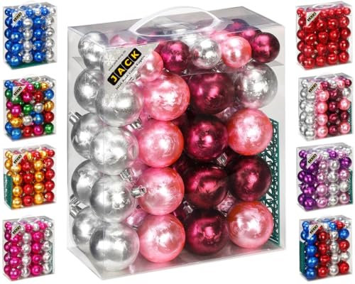 JACK by Inge 50x Kunststoff Kugeln Eislack Christbaumkugeln Ø 4+6cm inkl. Haken Glanz Glitzer Matt, Farbe:Silber-Rosa-Bordeaux