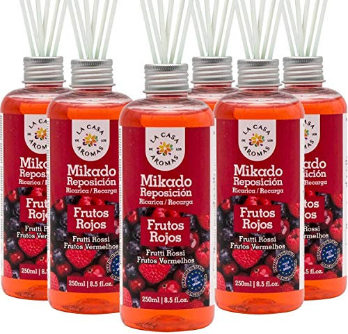 La Casa de los Aromas, Set de 6 x 250ml Ambientadores Mikado Frutos Rojos para Reposición con Varillas, Difusor Líquido de Aroma Frutos Rojos, Perfume Duradero para el Hogar, Baño, Casa - 6x250 ml