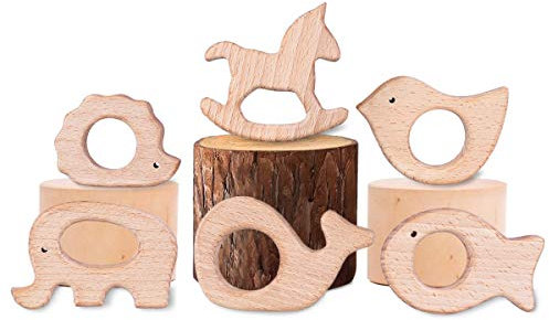 YoungRich 6 Stück Baby Holz Teether Geschenk Igel Elefant Vogel Delphin Goldfisch Pferd Handgefertigt Anhänger Kit DIY Kleinkind Beißring Hölzern Ring Zahnen Krankenpflege