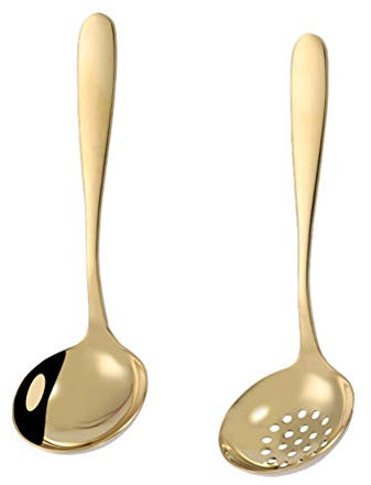 TIM-LI Set di Mestoli per Cucchiaio E Mestolo Forati - Cucchiai per Mestoli in Acciaio Inossidabile Colino Utensili da Cucina, Cucchiaio da Portata Skimmer per Cucina,d'oro