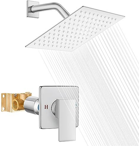 Heyalan Duschkopf- und Griff-Set, quadratisch, Duscharmatur-Set, Badezimmer, Regenduschsystem, Edelstahl, Duschkopf, Einzelfunktion, Innengewinde-Ventil, poliertes Chrom